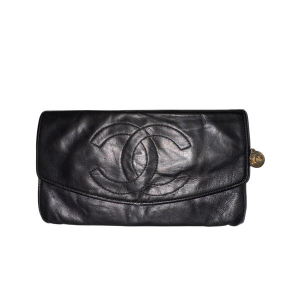 Vintage CHANEL CC Butter Soft Lamb Leather Navy Blue Leather Flap Wallet VTG - Picture 1 of 14